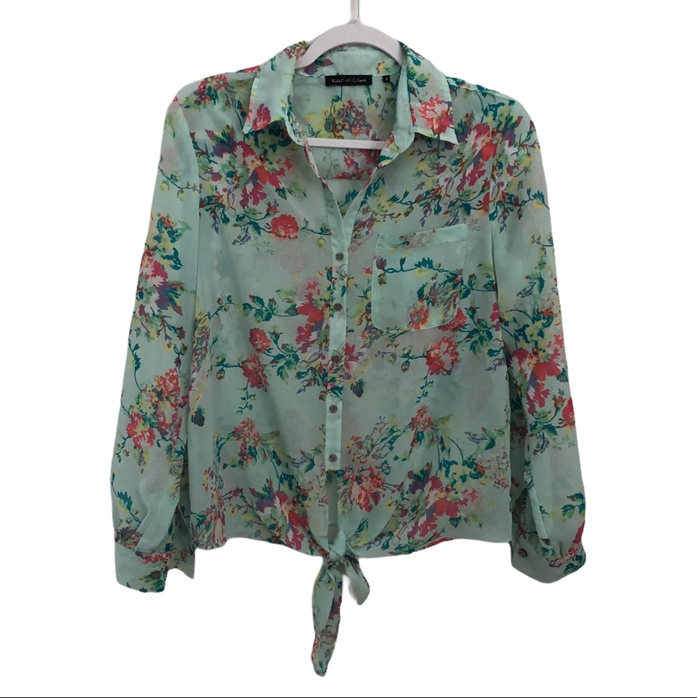 Violet & Claire Sheer Floral Tie Waist Top S